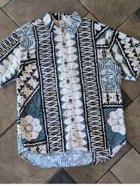 Vintage 90s Hilo Hattie Hawaiian Shirt Mens M Barkcloth Cotton Tribal Tapa Print